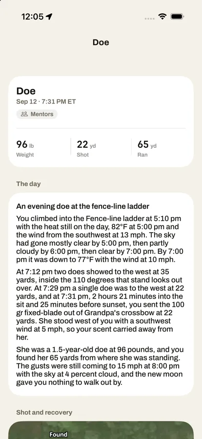 A harvest’s story: an evening doe at the fence-line ladder, with weight, shot distance and how far it ran