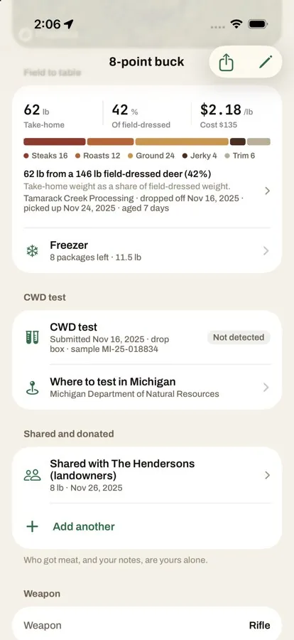 A harvest record: take-home weight and cuts, the processor, the freezer, a CWD test and who got meat