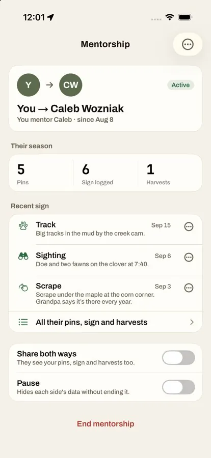 A mentorship: the season’s pins, sign logged and harvests